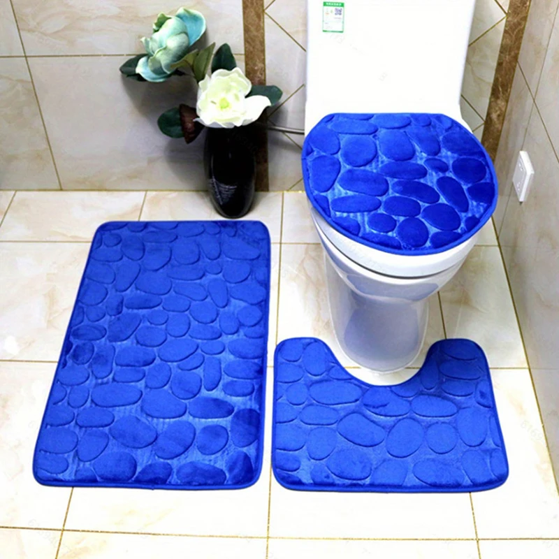 3PCS/Set Non-slip Soft Bath Mat Toilet Cover Carpet Cobblestone Embossed Floor Mat Bathroom Absorb Water Can Be Washed