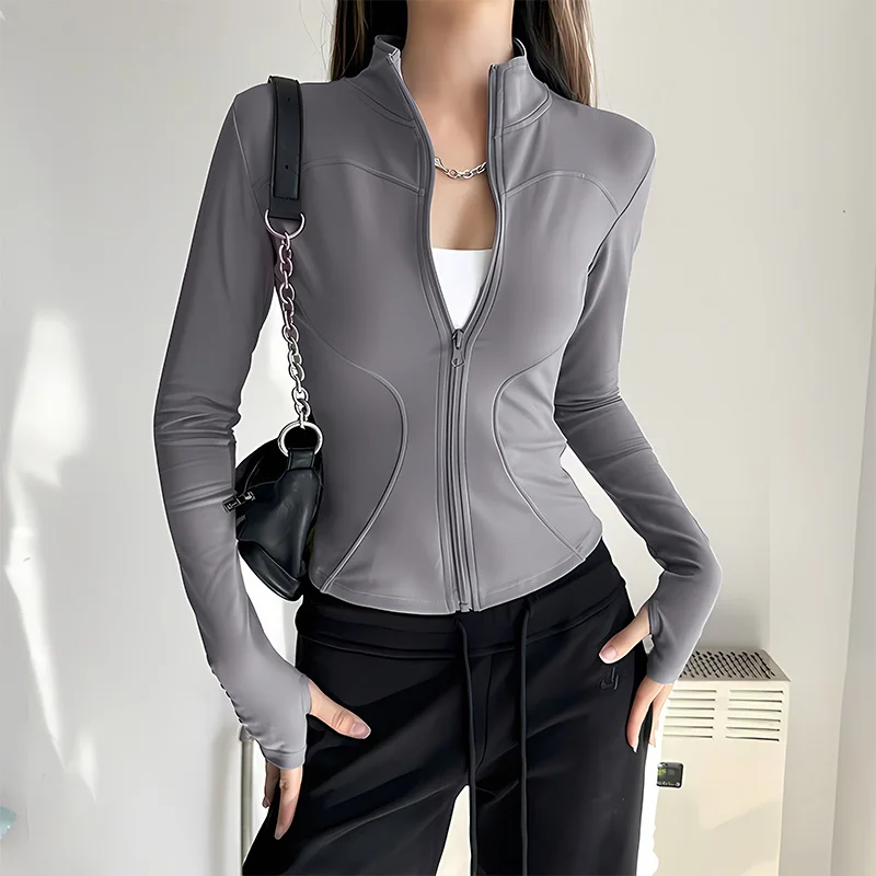 Autumn Winter New Women Quick Dry Slim Fit Sports Jacket White Long Sleeve Tight Yoga Top Running Cycling Workout Fitness Active