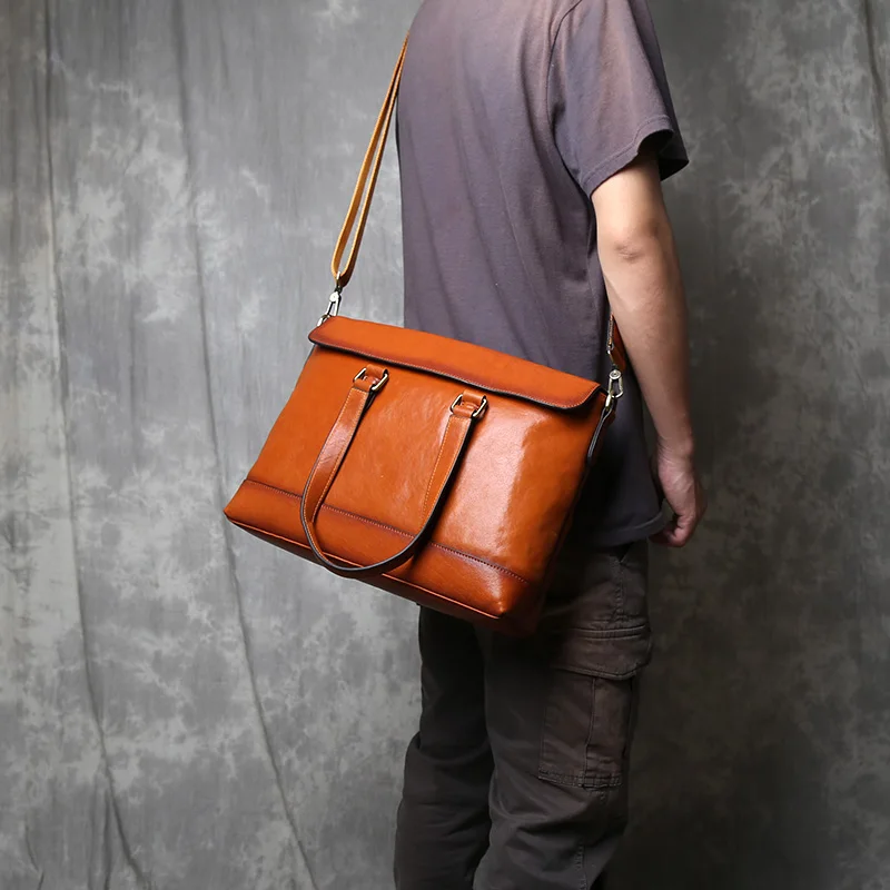 JLFGPJ Men\'s Briefcase Leather Retro Casual Horizontal Style Vegetable Tanned Top Layer Cowhide Crossbody 13 inch Computer Bag
