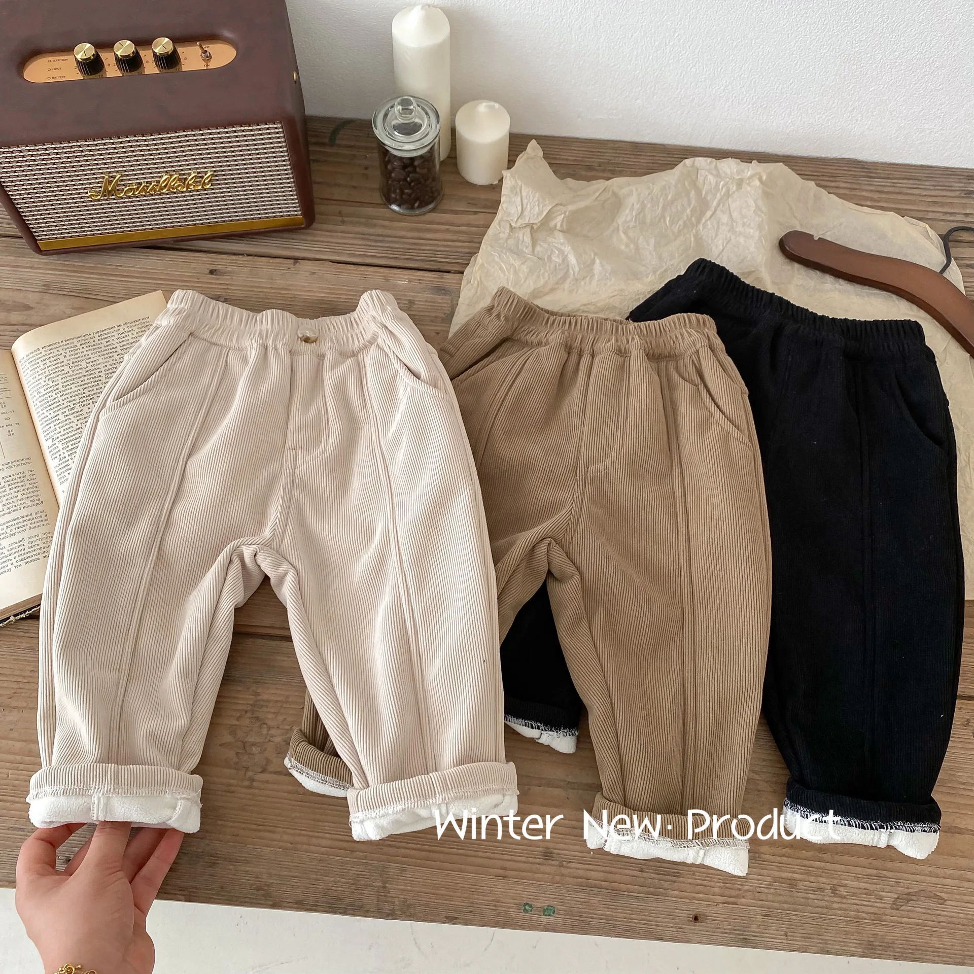 Children's Fleece-lined Casual Pants 0-6 Years Old Boys And Girls Winter Corduroy Pants Solid Color Pants