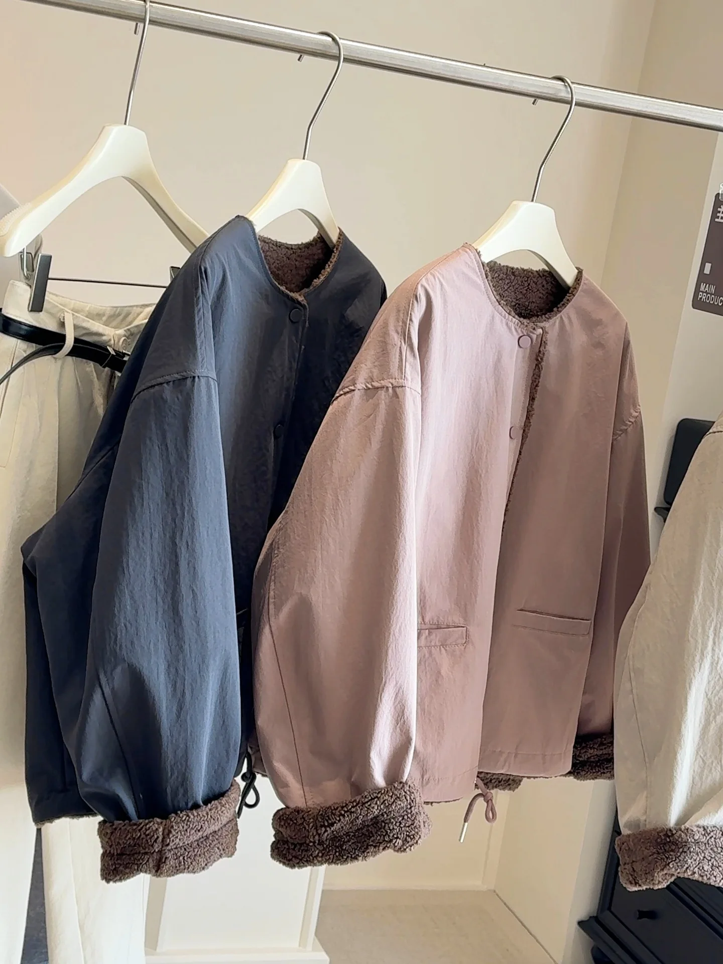 

Lamb Wool Cotton Jacket Women Autumn Winter New Korean Simple Drawstring Warm Outerwear Loose Fashion Thicken Reversible Coat