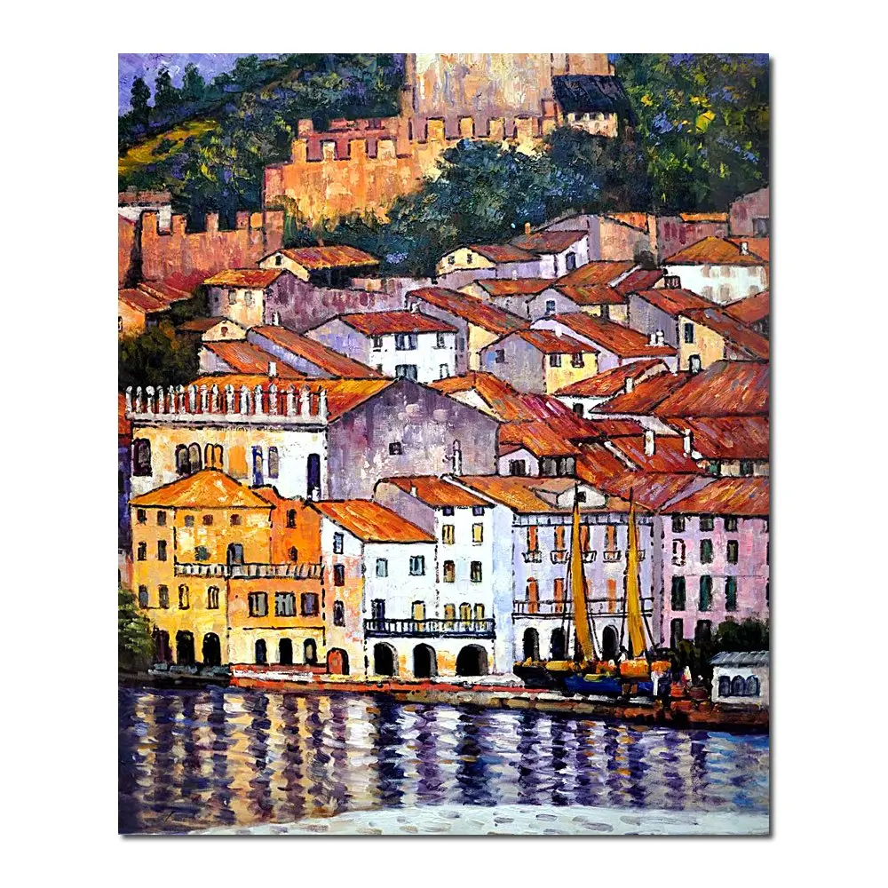 

High Quality Canvas Art Gustav Klimt Painting Houses Malcesine on Lake Hand Painted Modern Landscapes Artwork for Kitchen Room