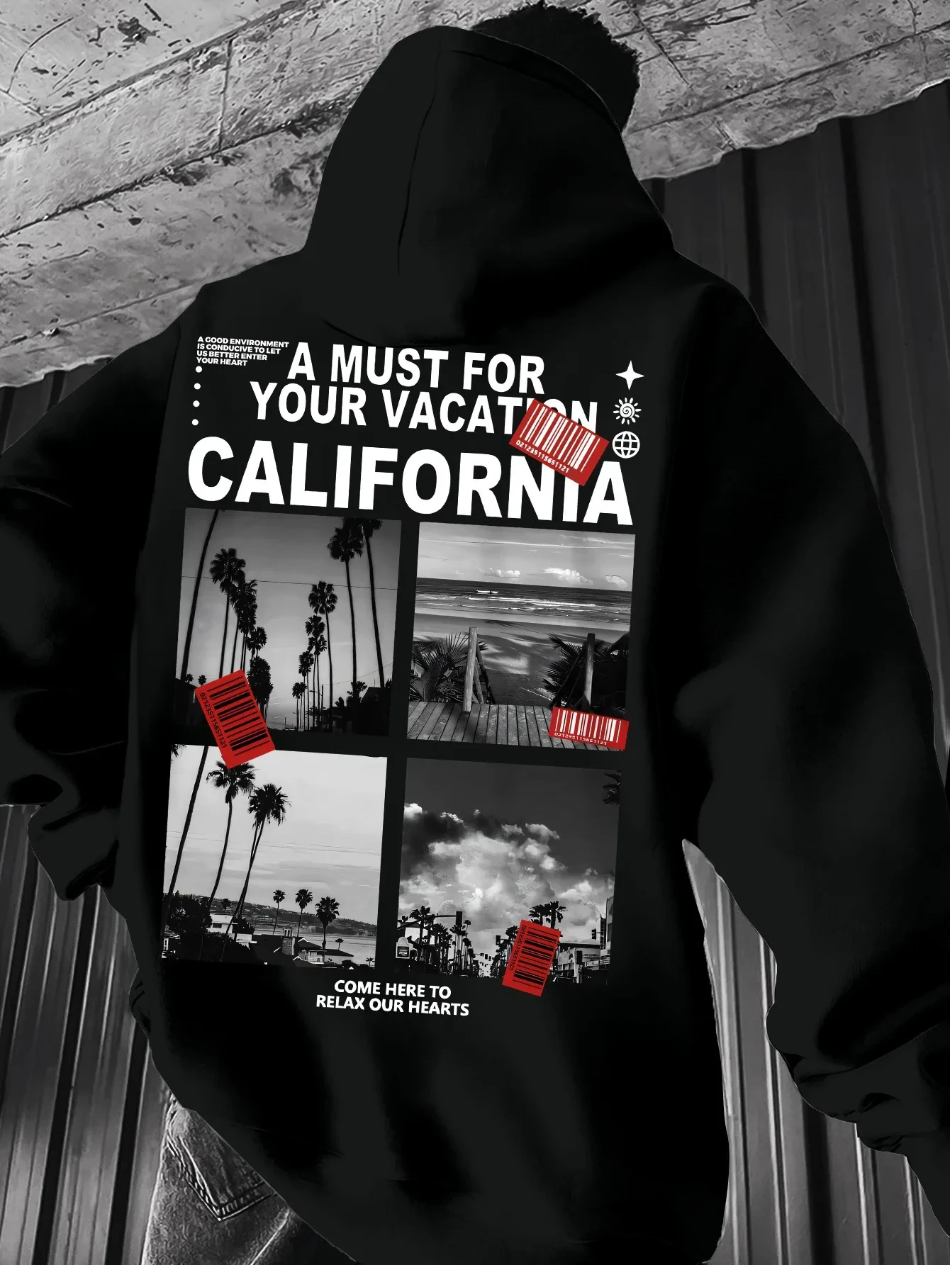 

Мужской повседневный свитер с капюшоном и принтом калифорнийского отпуска, черный геометрический дизайн, пуловер стандартного кроя весна-осень