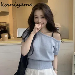 Slash Neck Off Shoulder Ropa Mujer Summer Knitted Camisetas Korean Ins Women 2024 Tops Simple All Match T Shirt Casual Tees