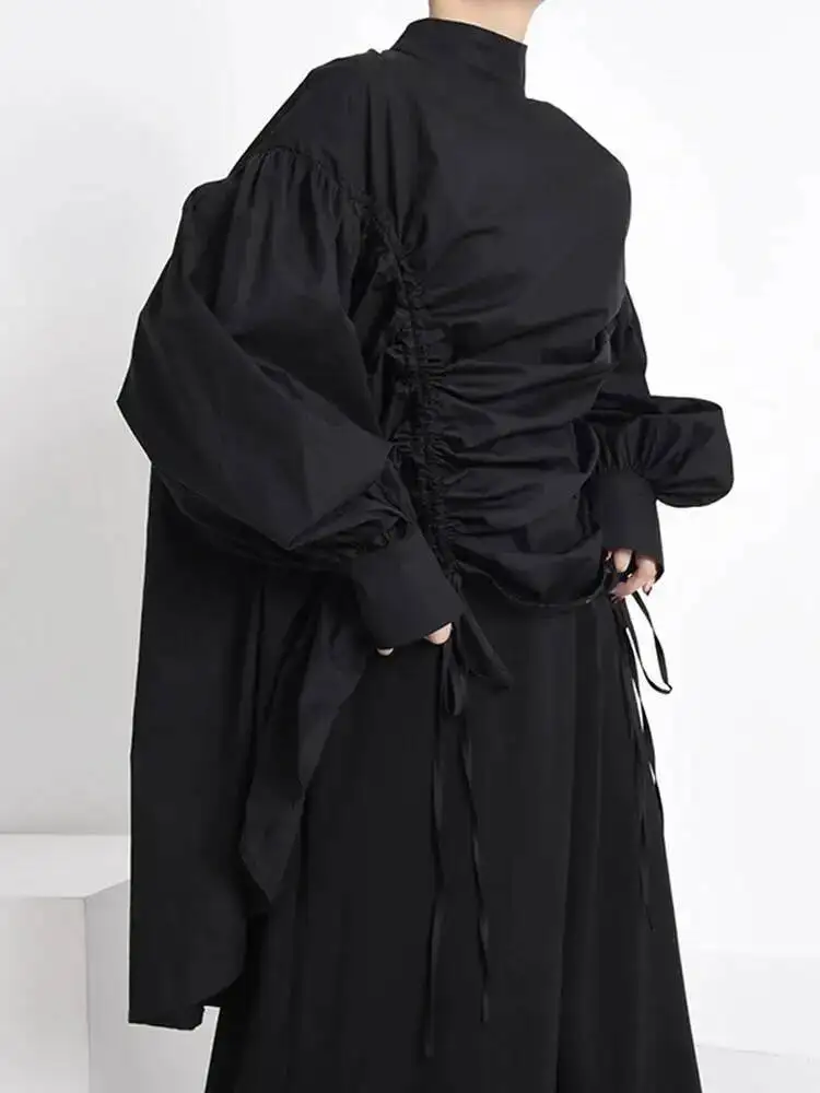 Size Women Drawstring Big Blouse New Stand Collar Long Sleeve Loose Fit Shirt Fashion Spring Autumn 2026 1Z1EFPO