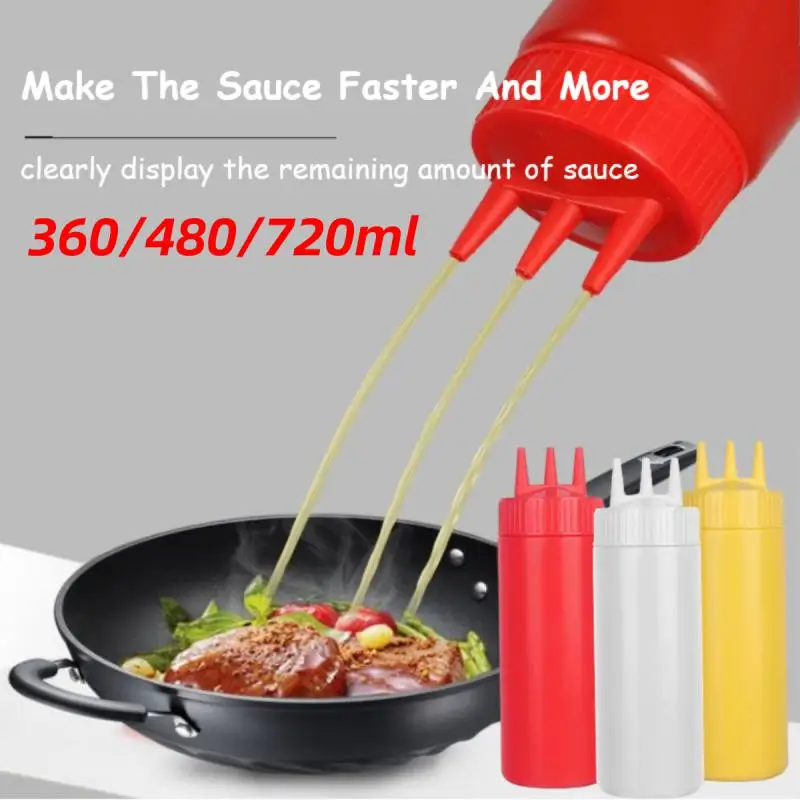 3 Holes 480/720ml Squeeze Bottle Food Grade Plastic Ketchup Mustard Mayo Sauces Olive Oil Bottles Condiment Container