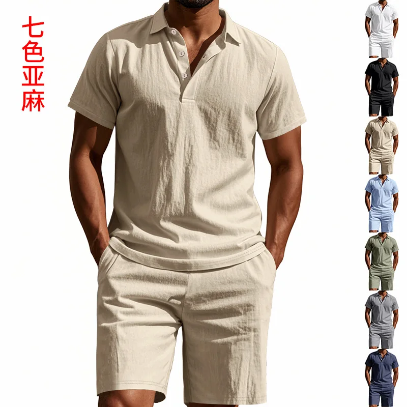 

2025 Summer New Men's Suit Loose Casual Beach Holiday Style Linen Breathable POLO Shirt Short Sleeve+Shorts 2 Piece Suit