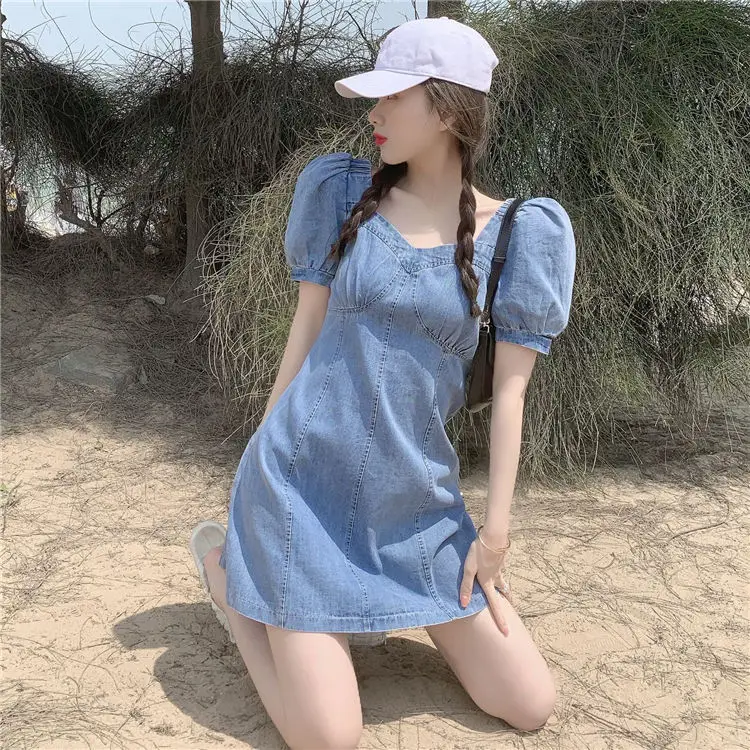 Summer French Niche Temperament Waist Small Puff Sleeve Dress Female Sweet Sleeve Denim Dress Womens Dresses