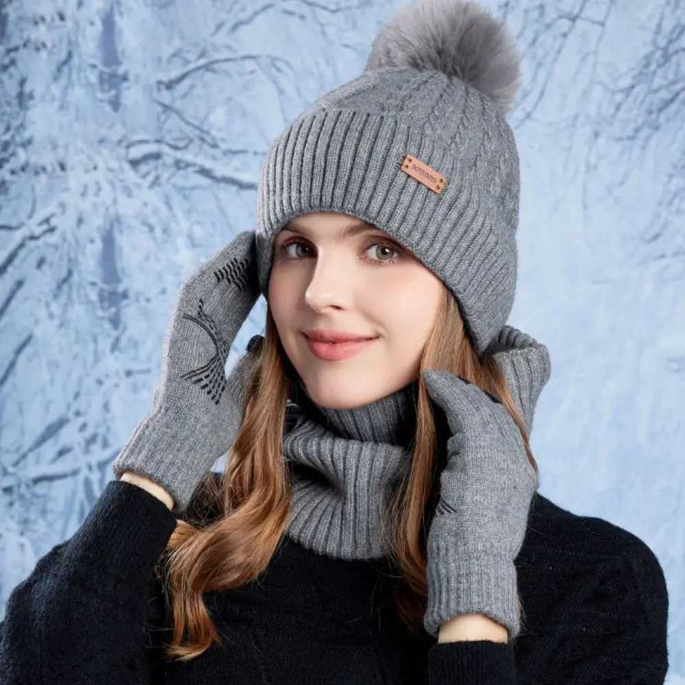 3 pçs cor sólida chapéu cachecol luvas conjunto quente engrossar boné de malha térmica velo forrado proteção térmica inverno gorro chapéu esqui