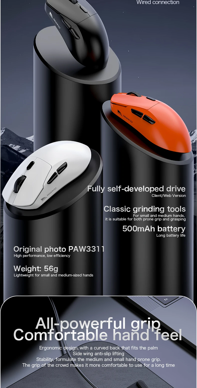 SMAILWOLF M3 PRO Kabellose Bluetooth-Maus mit drei Modi, E-Sport-Gaming-Maus für Laptop und Desktop, PAW3311, kabelgebunden, leicht, für FPS-Spiele – Detail 2
