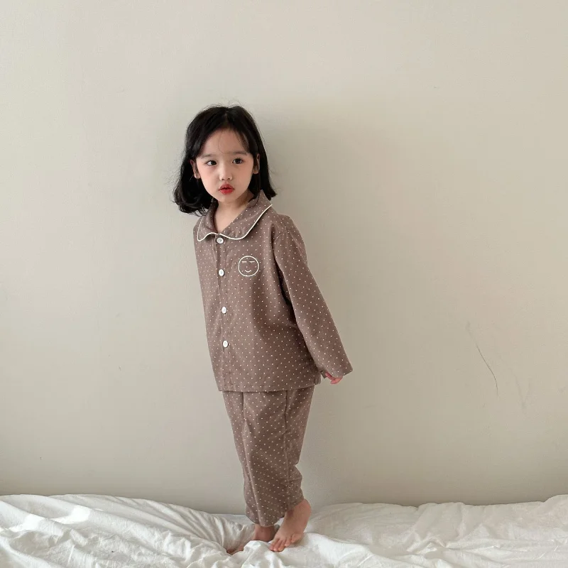 

Autumn New Boy Girl 2PCS Pajamas Set Kids Casual Polka Dots Lapel Button Down Tops Pants Sleepwear Sets Boys' Sleepwear