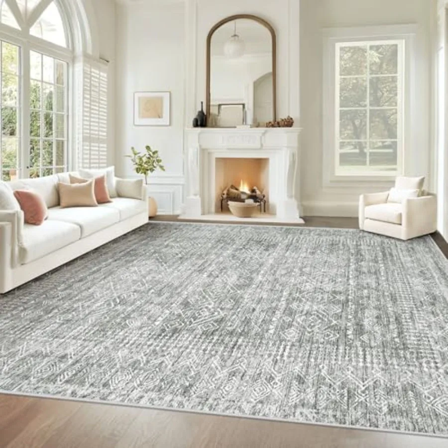 

Living Room Rugs 8x10: Washable Moroccan Geometric Boho Rug for Farmhouse, Grey, Non-Slip Stain-Resistant Low-Pile Soft Carpet