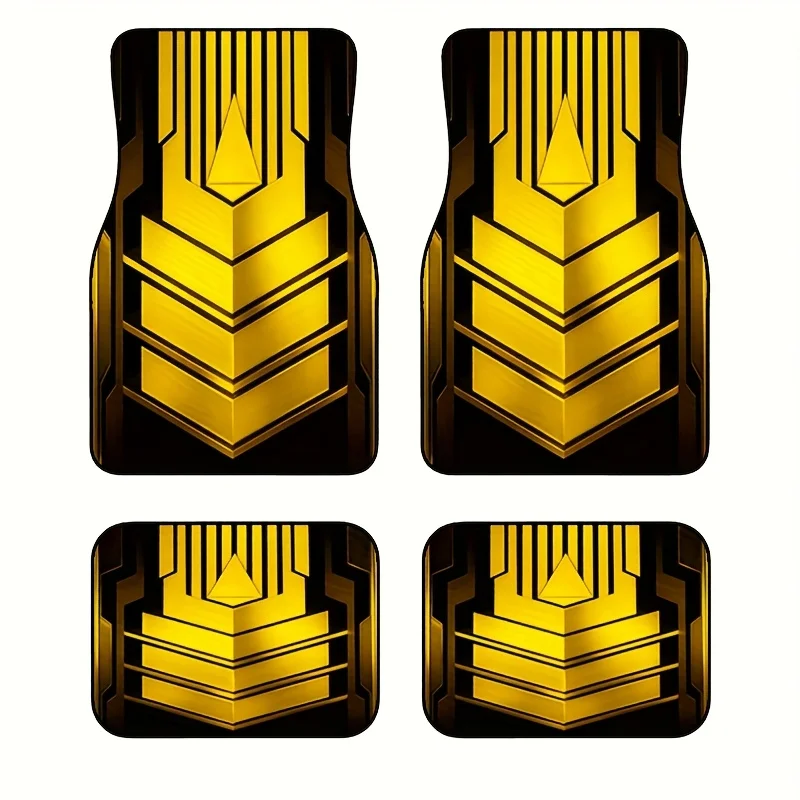 4pcs Black Golden Mecha Style Geometric Mats, Trendy Wear- Non-Slip Floor Mats, Four-Piece Set For Cars, Trucks, And SUVs - P