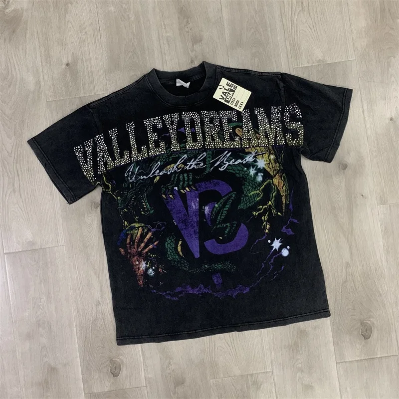 تي شيرت American Streetwear VALLEY مطبوع عليه كرة السلة للرجال والنساء من القطن الخالص مقاس كبير تي شيرت أسود