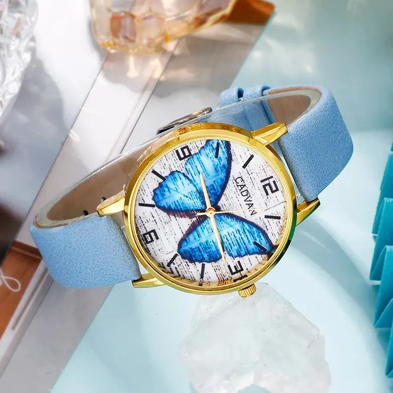 New Blue Butterfly Watch Set for Women Fashion Casual Quartz Wristwatch Ladies Elegant Leather Band Bracelet Watches Gifts