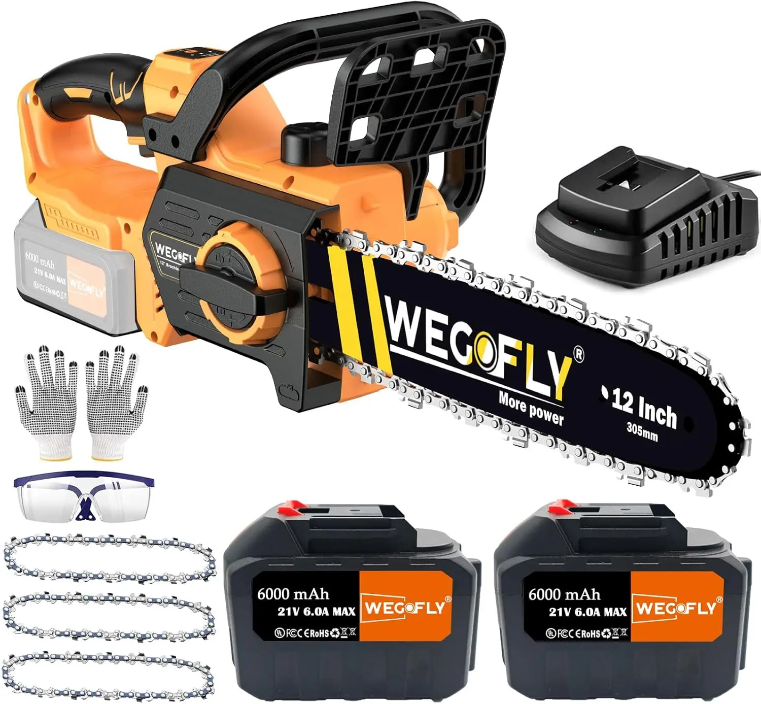 12-Inch Electric Chainsaw Kit, (2 X 21V 6.0Ah Battery And Charger) Cordless Chainsaw With With Tool-Free Chain Tension & Auto