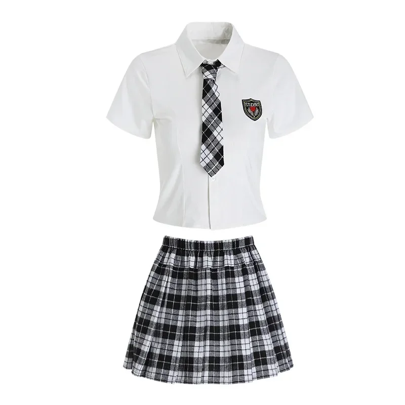 Estilo acadêmico pescoço sexy mini cintura alta xadrez culottes saia xadrez vermelha picante meninas uniforme conjunto feminino uniforme da equipe