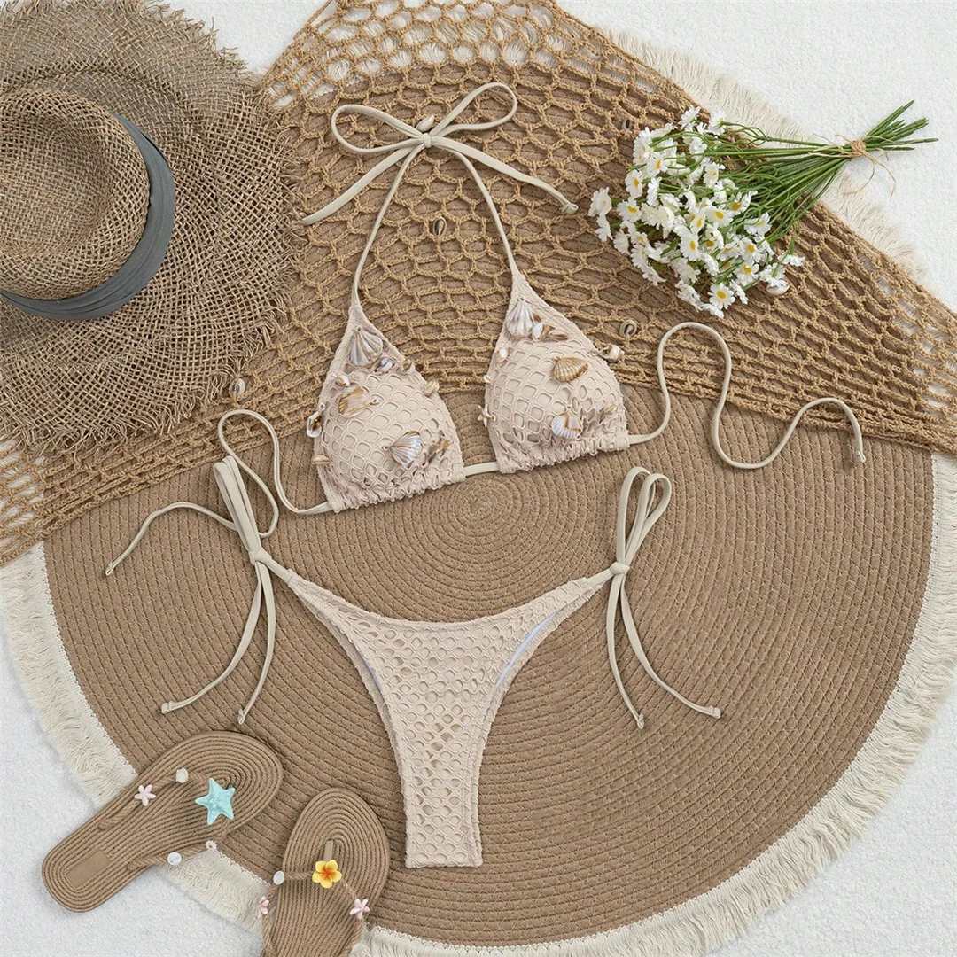 S - XL 2026 Bikini mit Muschel- und Seesternmuster, Neckholder, Damen-Badeanzug, zweiteiliger Bikini-Set, Badebekleidung, Badeanzug, Schwimmanzug V8415 – Detail 5