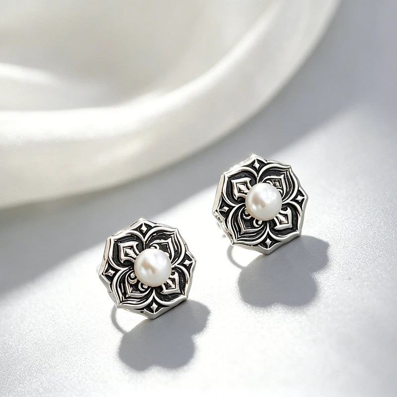 Fashion 925 Sterling Silver Vintage Oxidized Mandala Flower Stud Earrings Natural Pearl Ethnic Bohemian Jewelry Gift for Women