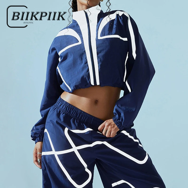 

BIIKPIIK Contrast Color Sporty Sets Streetwear Geometric Lines Woven Two Piece Suits Women Casual Pants Sets Autumn Fitness Gym