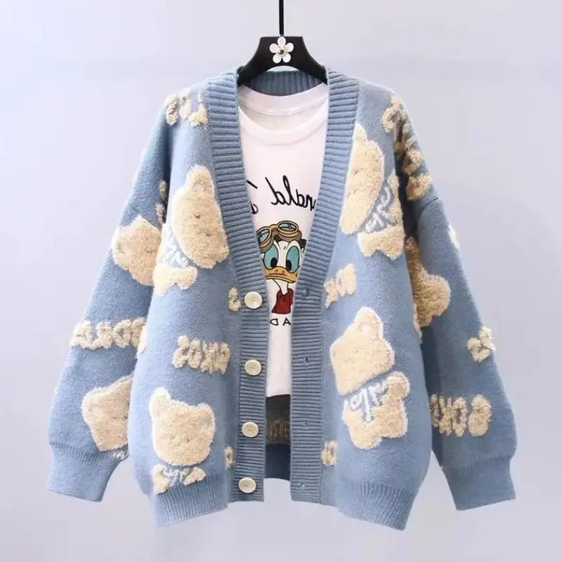 Cartoon Bear Jacquard Weave Vintage V-Neck Loose Knitted Women's Cardigan Korean Fashion Single Breasted Cardigan For Women 2024