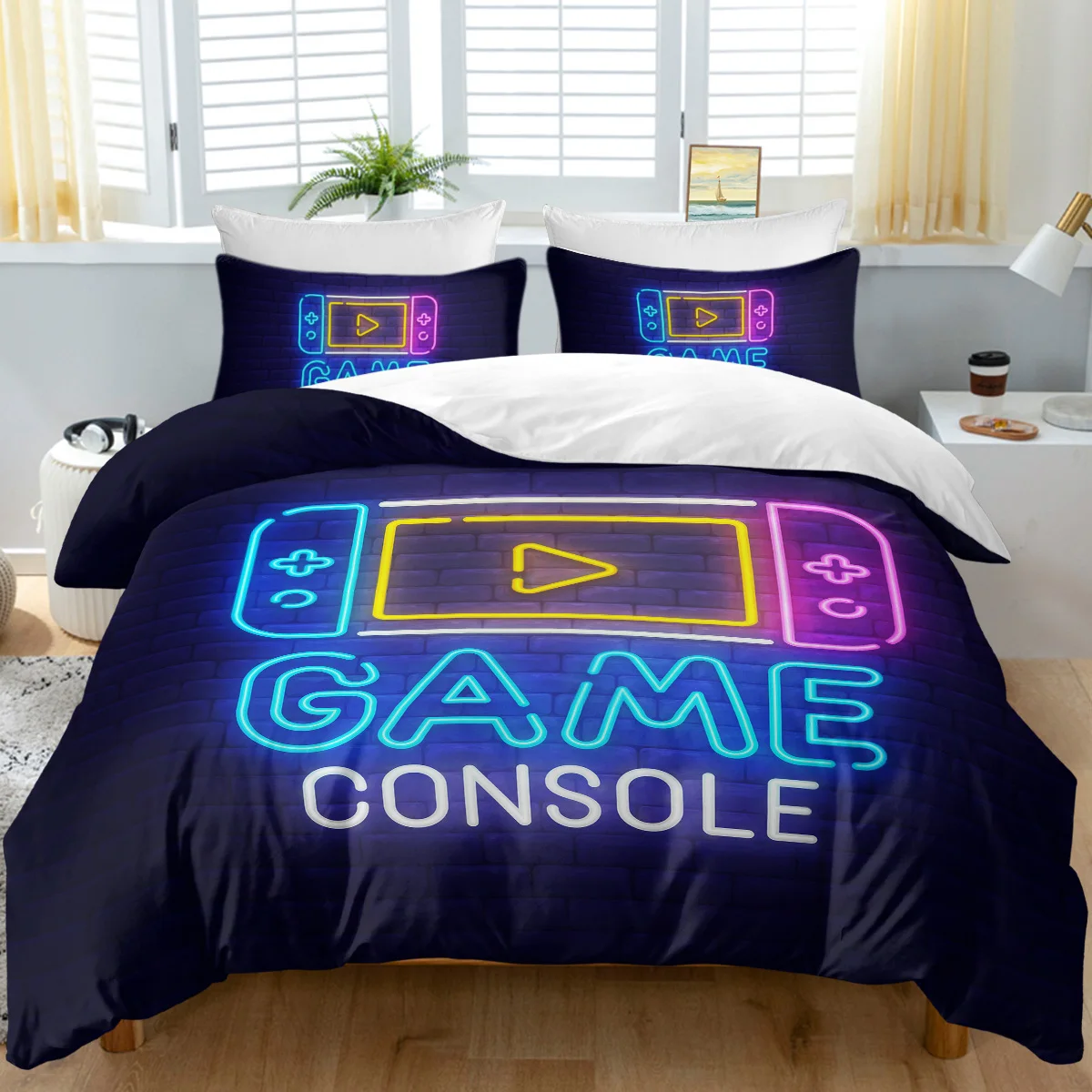 

3pc Fluorescent Tube Games Console Printed Bedding Set Quilt Cover with Zipper Closure 1 Duvet Cover and 2 Pillow Cases