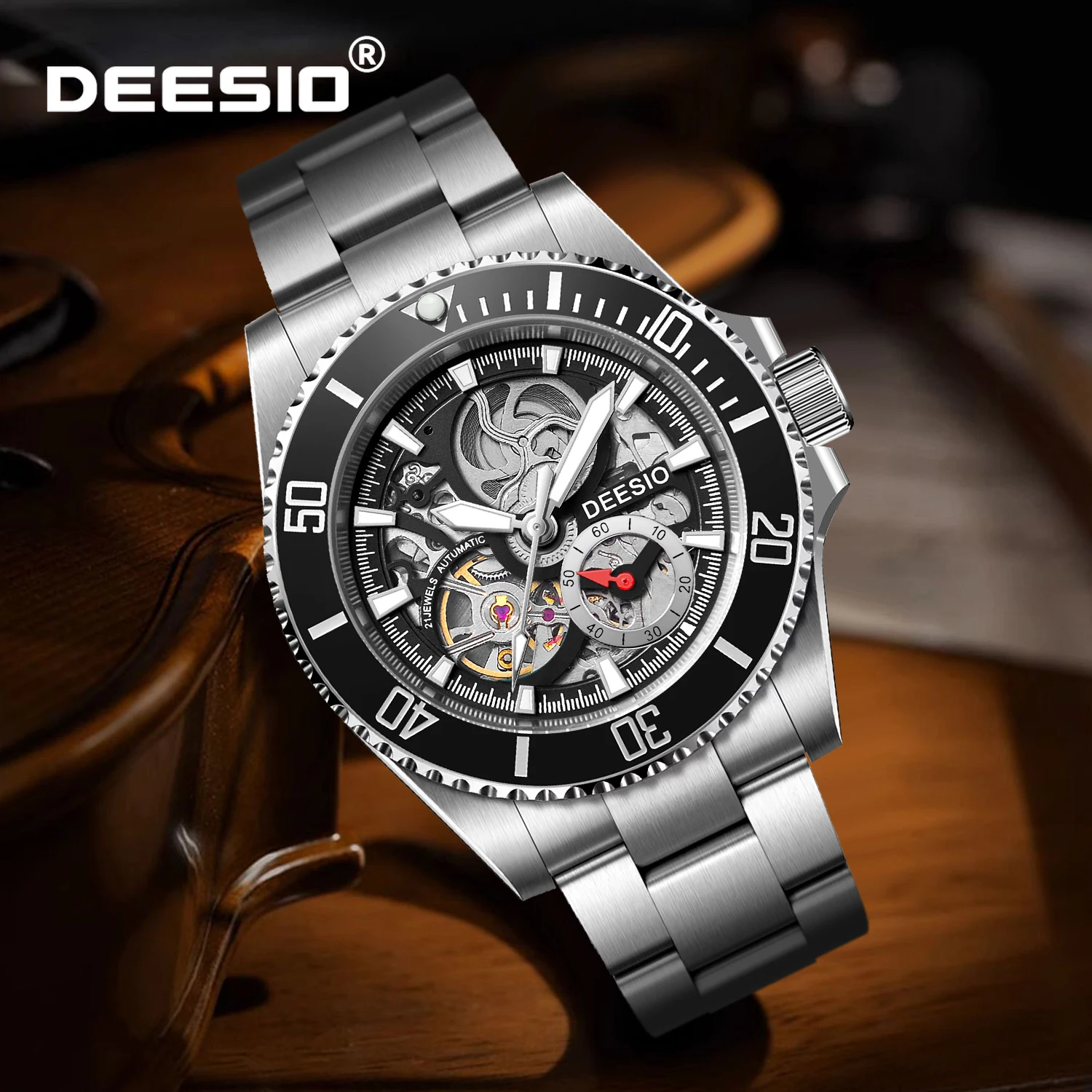 Deesio Orologio automatico da uomo nuovo Orologio da polso meccanico a carica automatica con cassa in acciaio inossidabile con cristallo di zaffiro resistente all'acqua