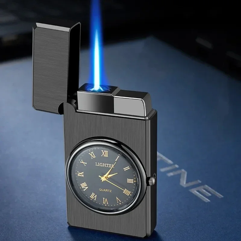 New Watch Clamshell Crisp Sound Gas Lighter Strong Windproof Blue Jet Flame Metal Turbine Torch One Key Efficient Ignition