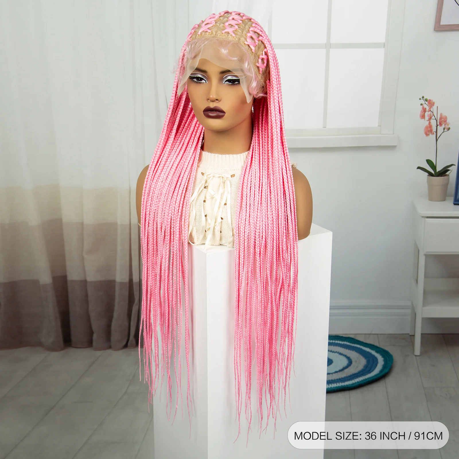 36 Inch Synthetic Full Lace Cornrow Braided Wigs Colored Braiding Hair Wig for Women Pink Knotless Braids Wig with Baby Hair