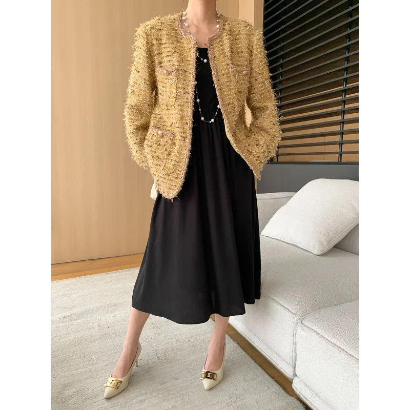 French Light Luxury Sequined Tweed Jacket O Neck Buttonless Long Sleeve Casual High Quality Autumn Small Fragrance Women Coat