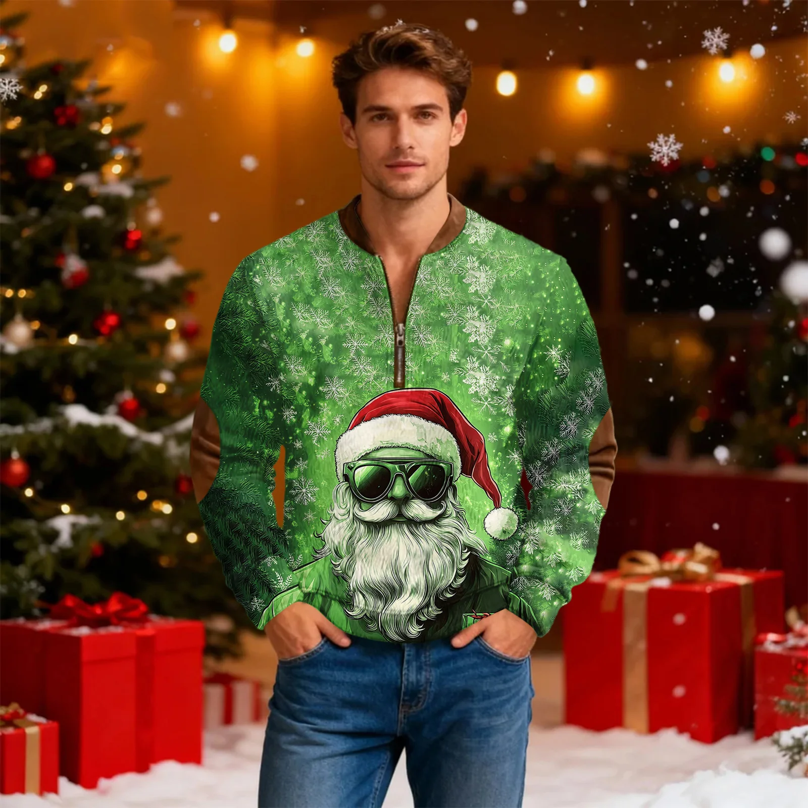 

Cartoon Christmas Pattern Printed Hoodie Men'S Casual Zipper Sportswear Winter Warm Outdoor Top Christmas Party Costumes