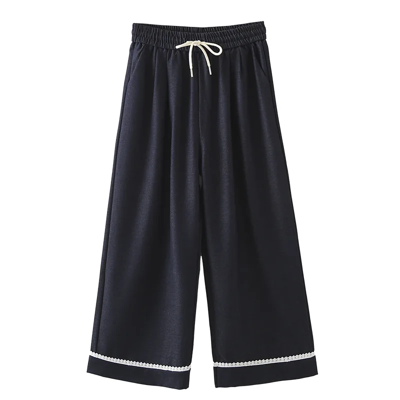 

Модные женские широкие брюки больших размеров, осенний новый стиль, повседневные кружевные лоскутные прямые брюки, свободные брюки полной длины 375