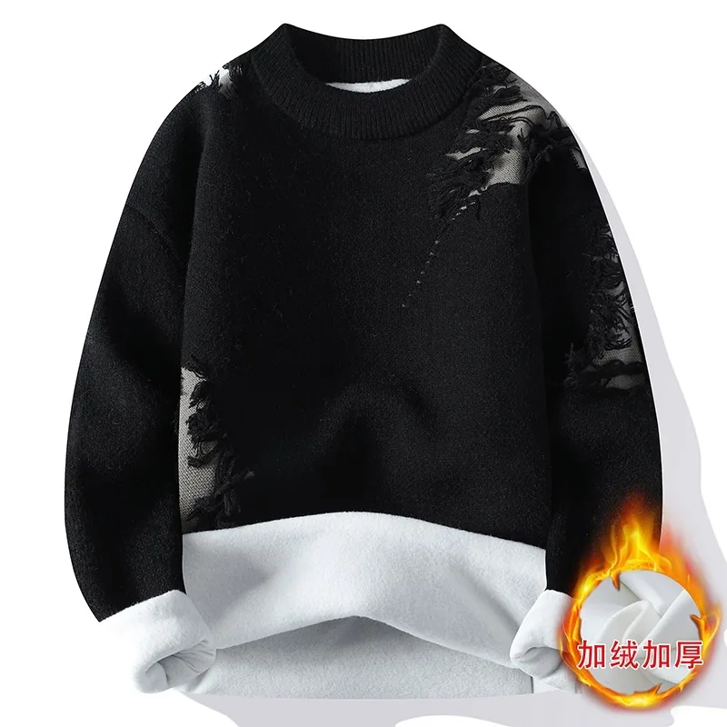 Men's Contrasting Color Pattern Long-sleeved Threaded Distressed Round Neck Pullover Fashionable Knitted Bottoming Shirt Top