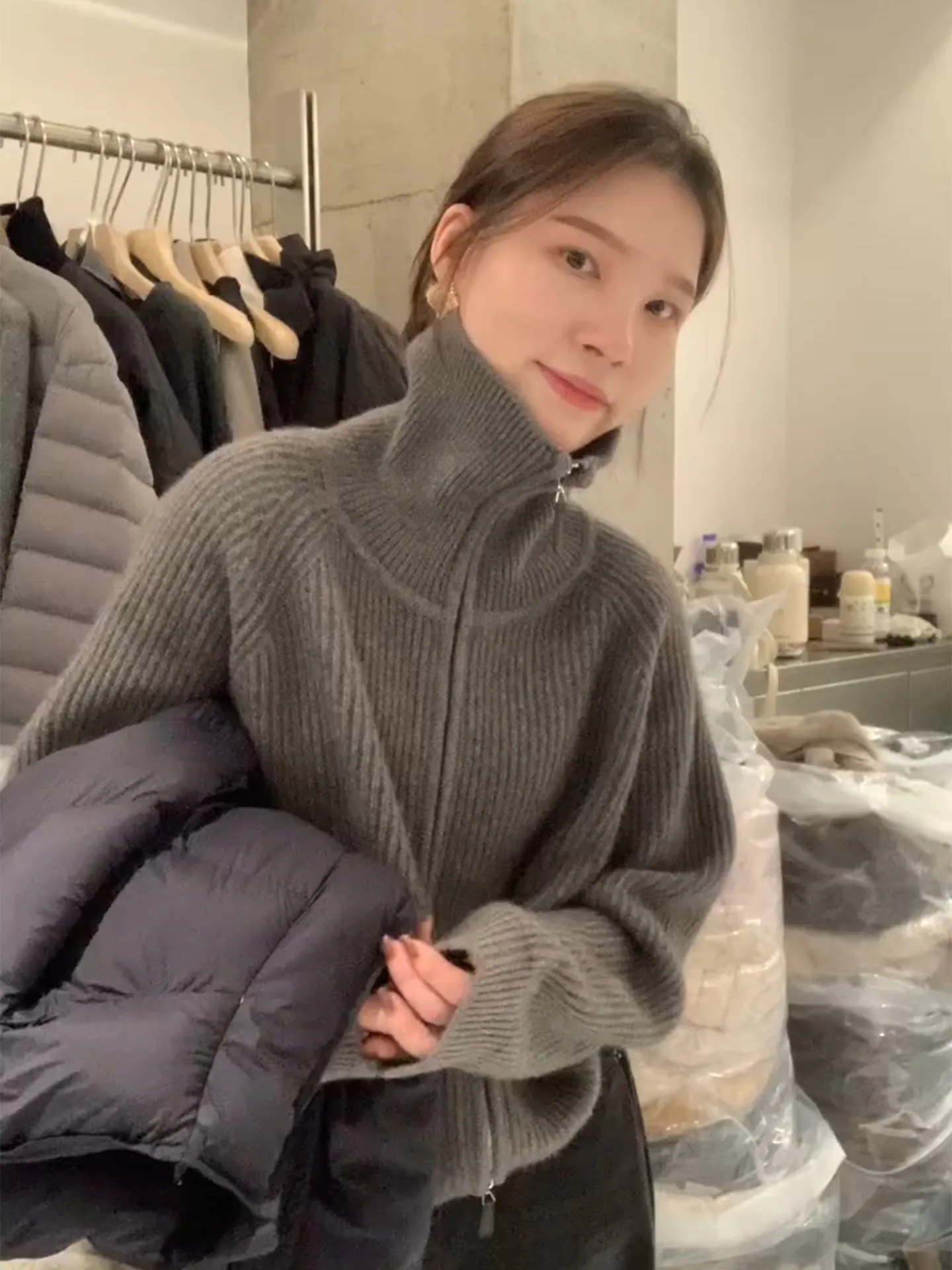 Grey high-necked zipper cardigan cashmere sweater coat women's autumn and winter loose lazy wind knit top