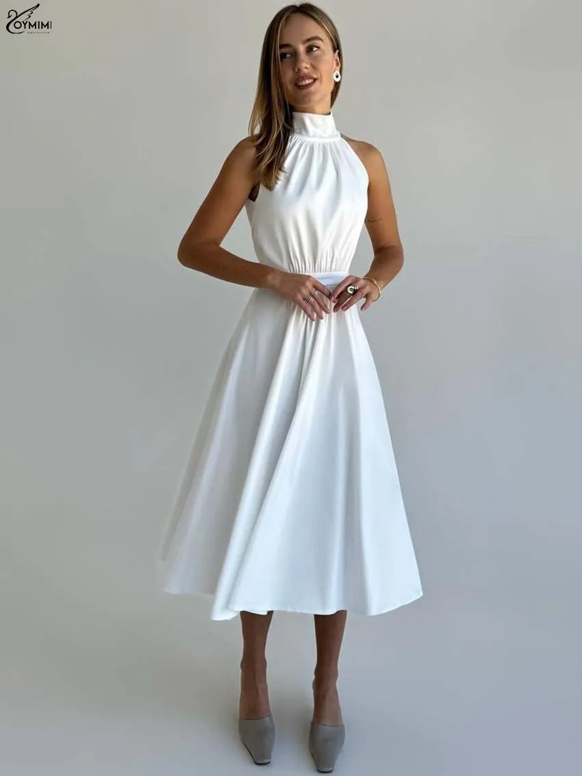 

Oymimi Fashion White Loose Women's Dress Elegant Turtleneck Sleeveless High Waist Dresses Casual Pleated Mid-Calf Dresses Female
