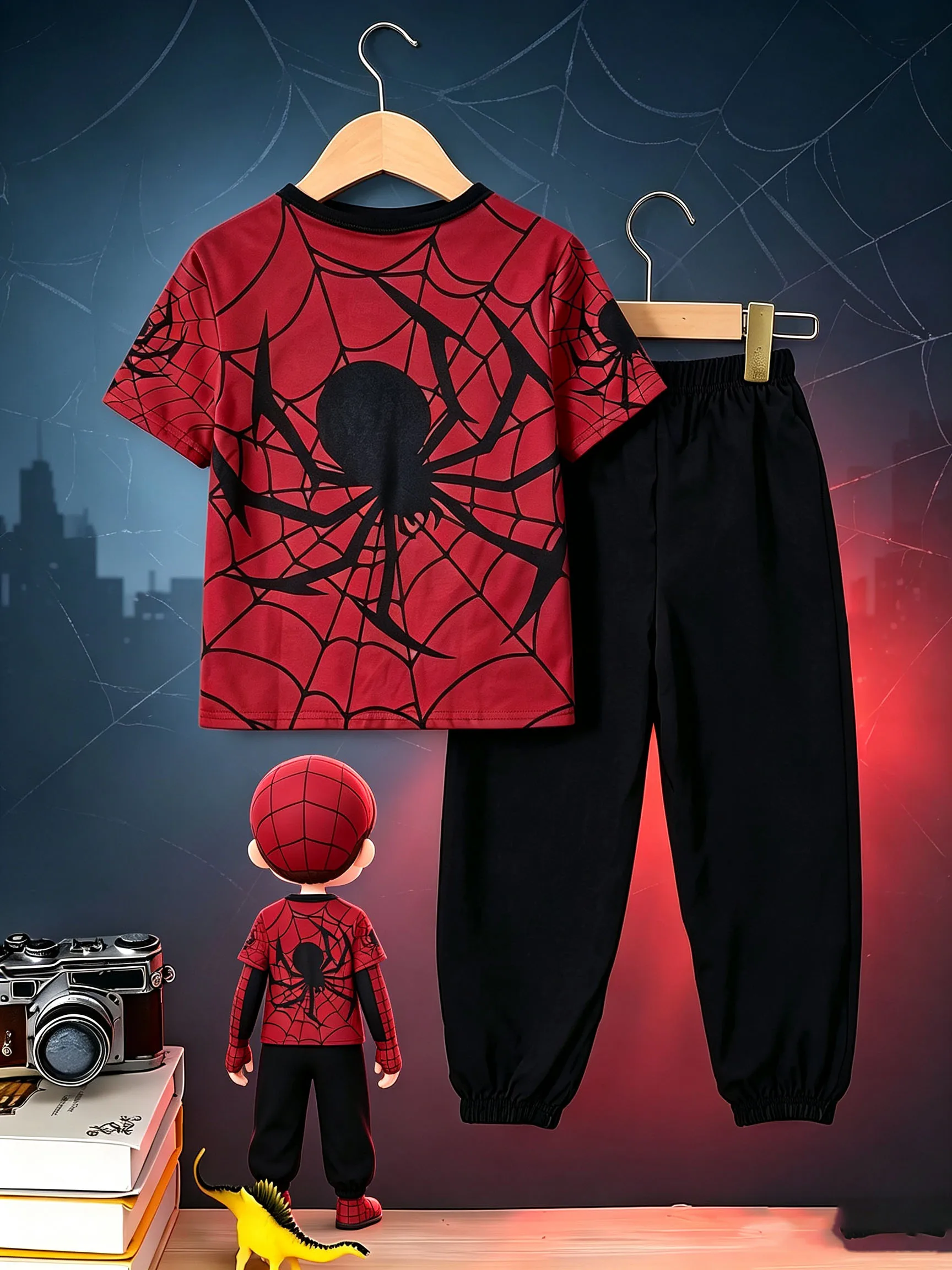 Boys 2Pcs Outfit Spider Web Print Short Sleeve T-shirt + Jogger Pants Kids Superhero Casual Clothes Set For 5-13Y