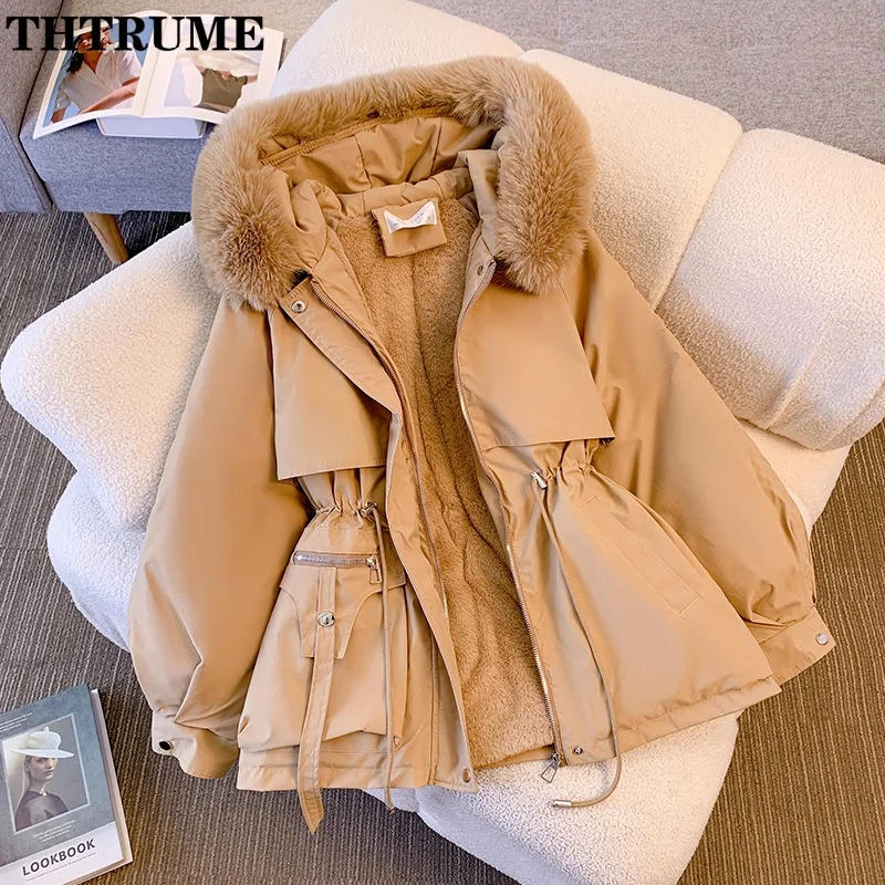 Elegant Fleece Lined Hood Down Jackets For Women Fashion Long Sleeve Drawstring Korean Parka Coats Casual Female Clothing Parkas