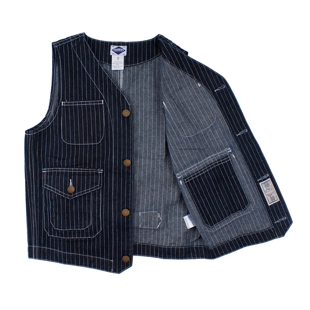 

Men's Classic Vertical Striped Denim Vest Amekaji Retro Multi Pockets Women's Workwear Vest American Vintage High Quality Y2k