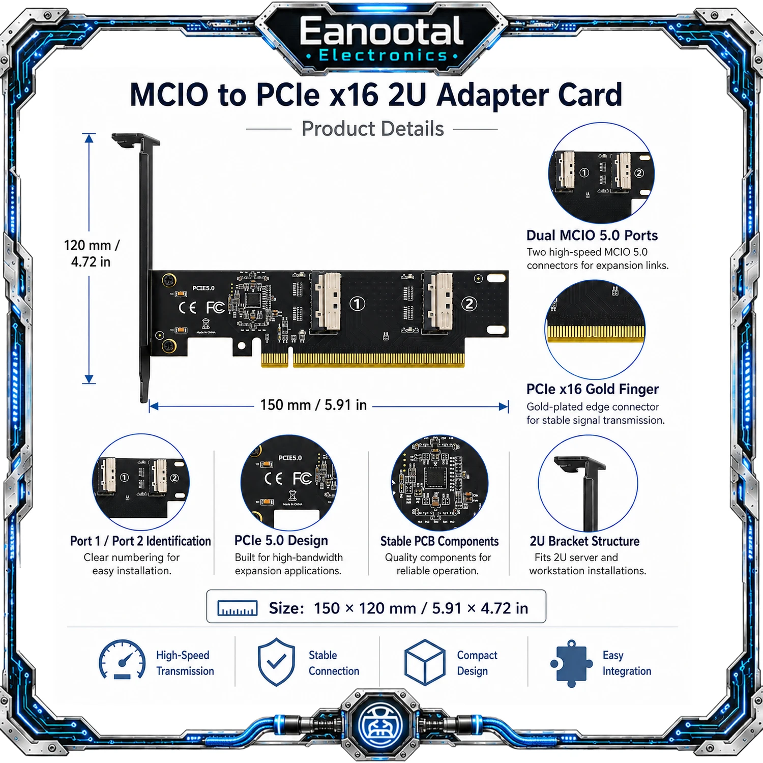 MCIO 5.0 to PCIe X16 GPU Riser Adapter Kit Dual Port Expansion Backplane Cable for Server Workstation PC System
