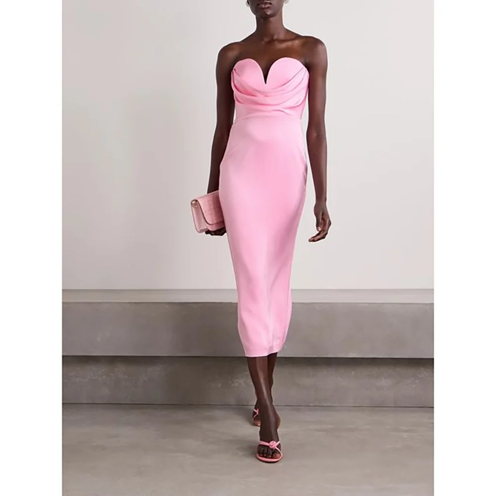 

Pink Sweetheart Straight Evening Dresses Pleat Tea-Length Formal Occasions Dresses Sleeveless Slit Long Dress