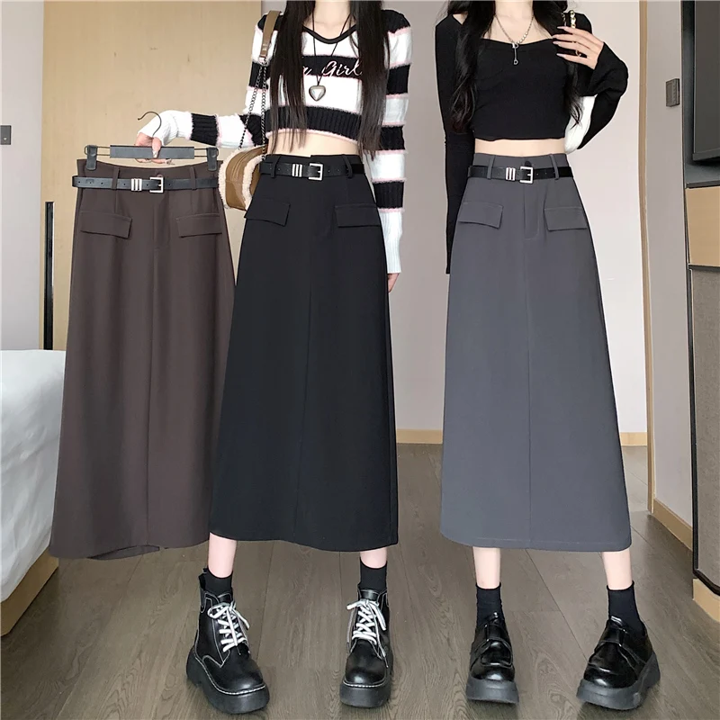 

Осенние элегантные женские юбки с запахом с разрезом сзади и поясом, новинка 2023 года, корейские офисные женские однотонные юбки трапециевидной формы с высокой талией