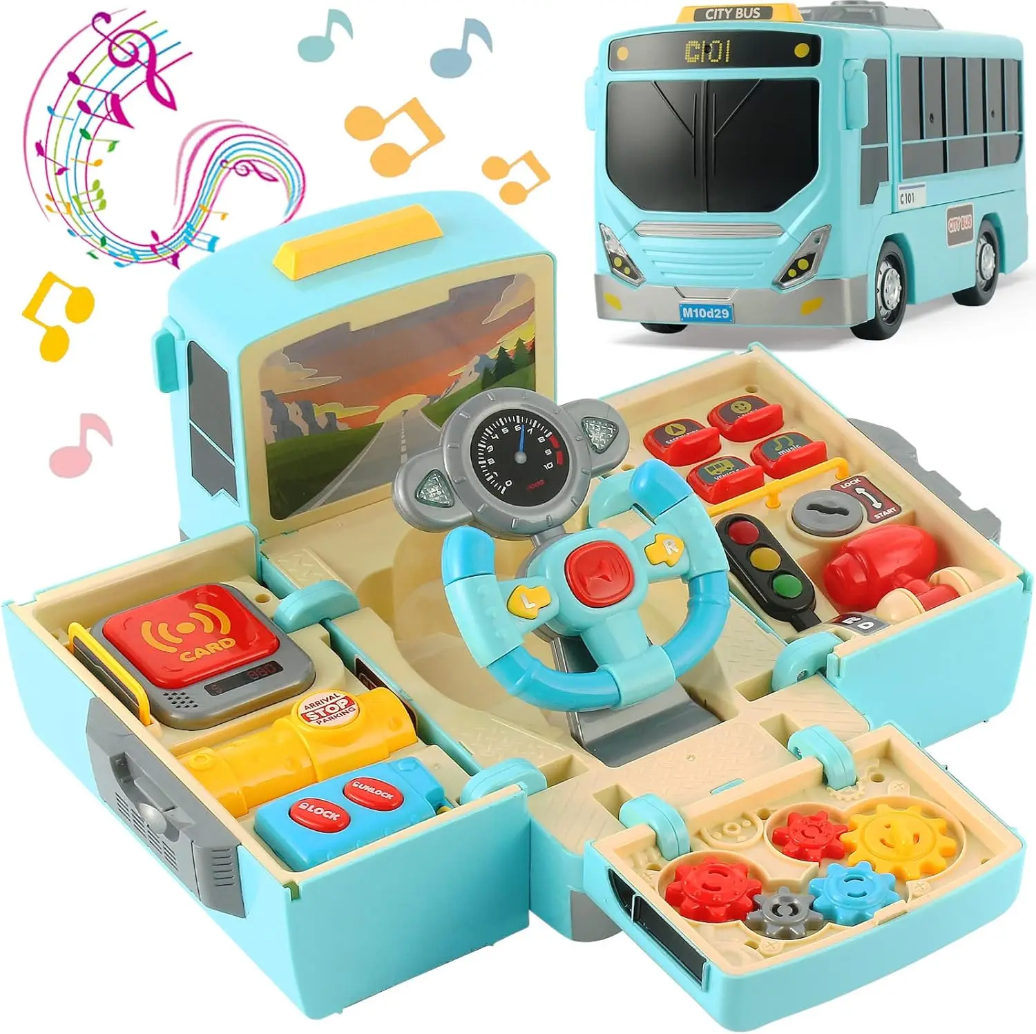 Toddlers Simulate School Bus Toy With Sound and Light Simulation Steering Wheel Driving Toy Music Education Gift For 3-5 years