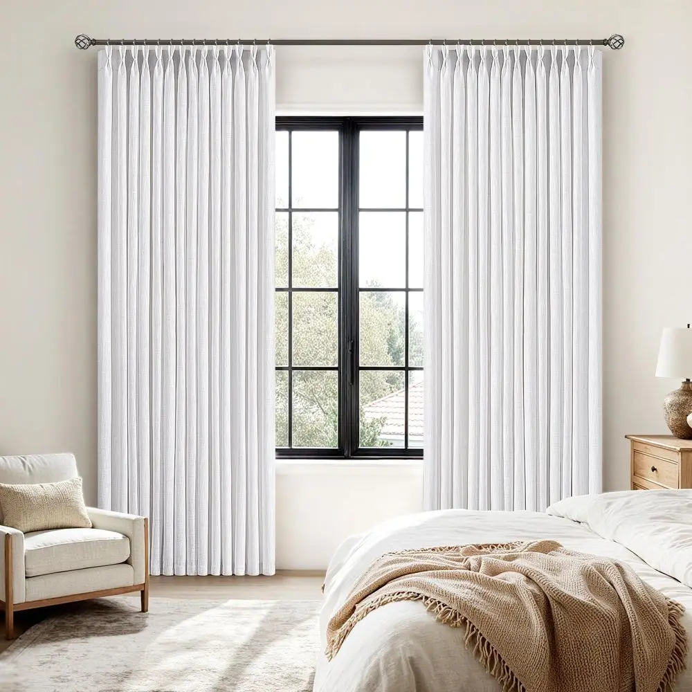 White Linen Pinch Pleat Drapes, 84 Long, 2-Panel Set, Memory Fabric, Light Filtering for Living Spaces