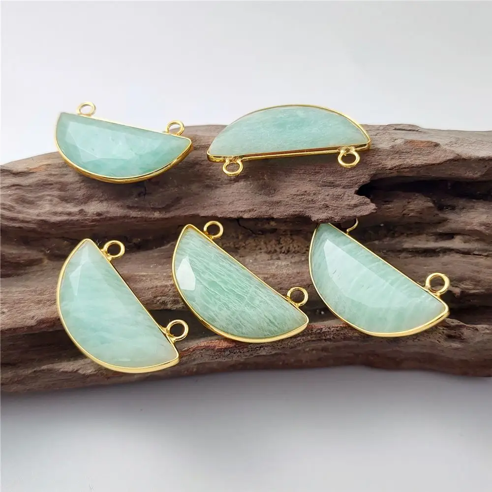 

FUWO Half Moon Shape Gilt Edges Amazonite Pendant Handmade Crafts Natural Semi Precious Stone Necklace Accessories PD439 5Pcs