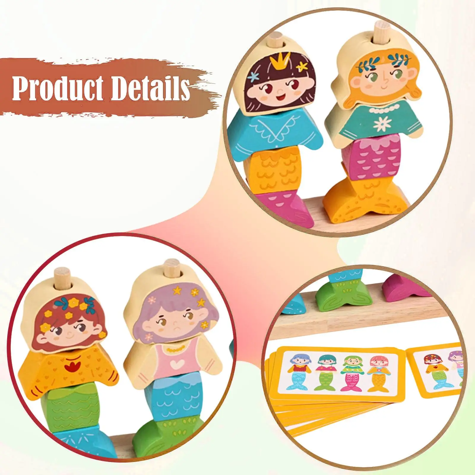 Wooden Dress up Puzzle Mermaid Changing Clothes Stacking Toy Beads Sequencing Toy Set Color Recognition