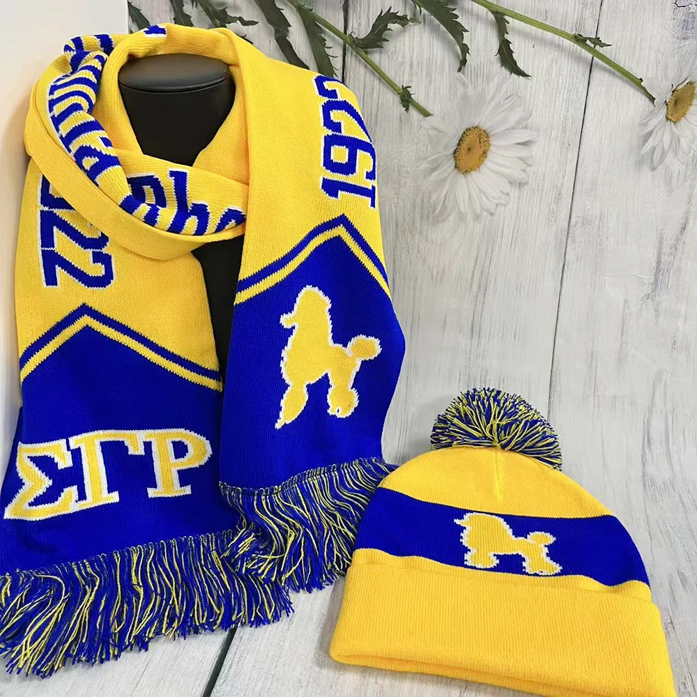 طقم وشاح وقبعة منسوج باللونين الأصفر والأزرق للشتاء من SGR