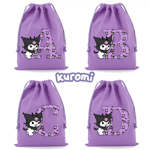 Sanrio Kuromi Drawstring Bag Cute Letter A-Z Printing Candy Gift Package Pouch Foldable Travel Cloth Shoes Jewelry Storage Bags