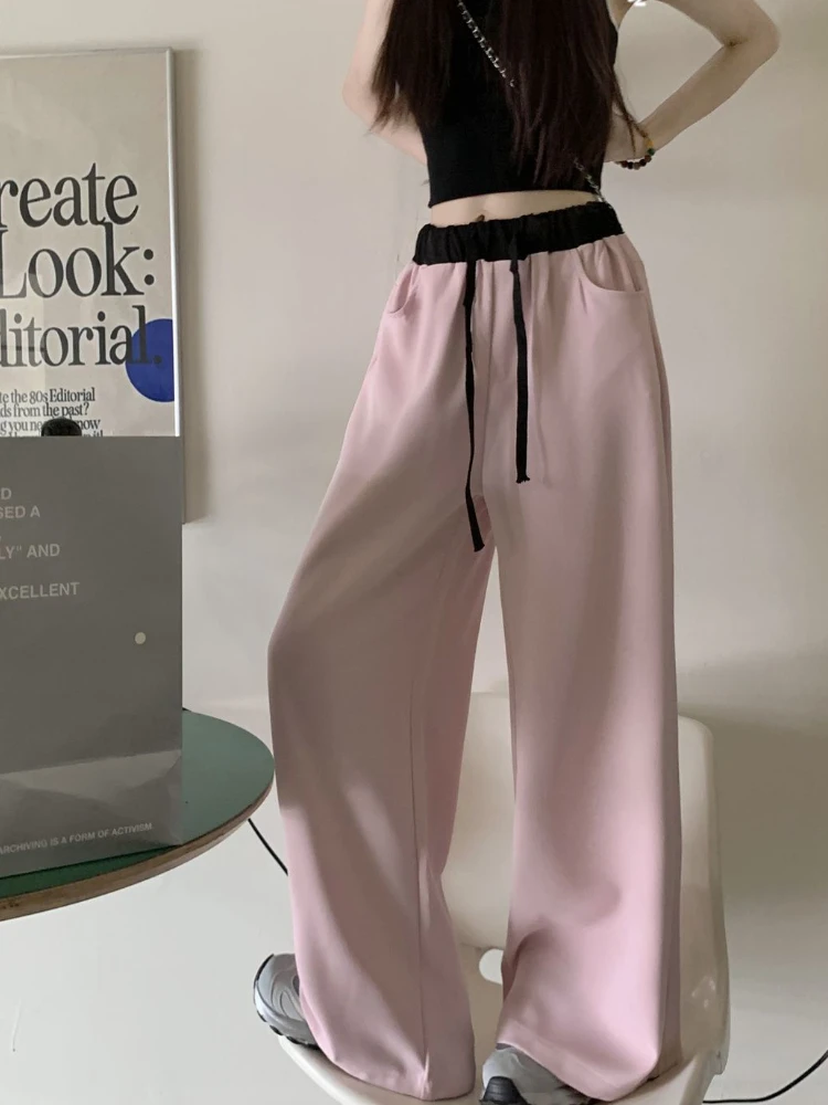 

Fashion Casual High Waisted Wide Leg Pants Women Design Y2k Loose Patchwork Mopping Pant Female Aesthetic Lace Up Thin Trousers