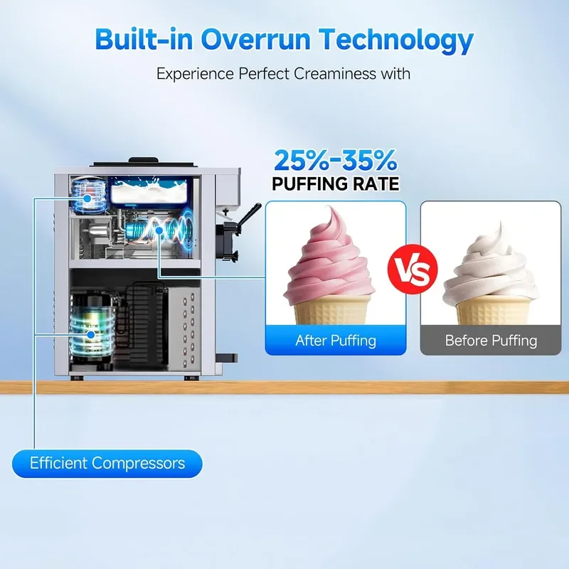 Soft Serve Ice Cream Machine 28 QT H Yield 2450W Countertop Commercial Ice Cream Machine With 2x6L Hopper 3 Dispensers LCD