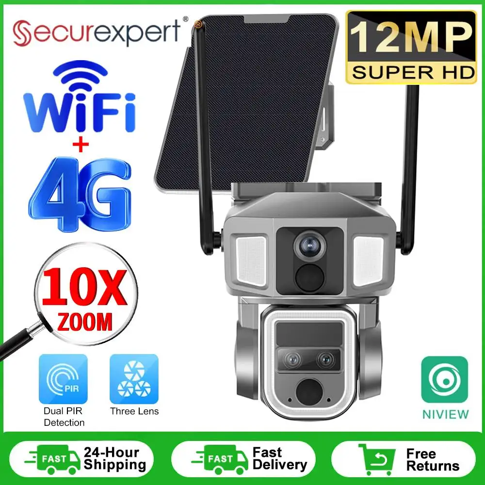 

12MP 2 In 1 4G/WiFi Dual Screen Solar Camera Outdoor Three Lens Dual PIR Detection 10X Zoom Auto Tracking CCTV Cameras